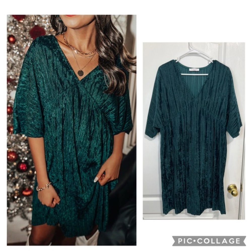 Ces Femme Teal Green Crushed Velvet V-Neck Dress